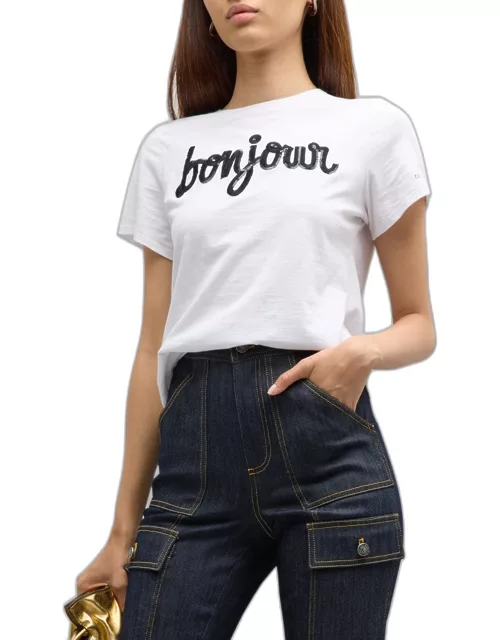 Bonjour Fringe Embroidered Shrunken T-Shirt