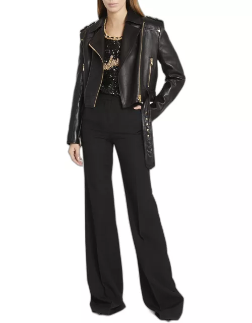Cropped Leather Moto Jacket with Belted Waist
