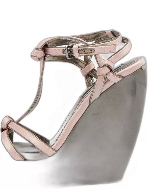 Burberry Pink Satin Ankle Wrap Wedge Sandal