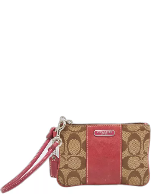 Coach Beige/Pink Signature Canvas and Leather Wristlet Pouch