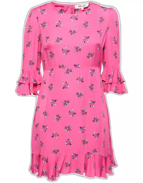 Diane Von Furstenberg Pink Floral All-Over Motif Crepe Ruffle Detail Mini Dress