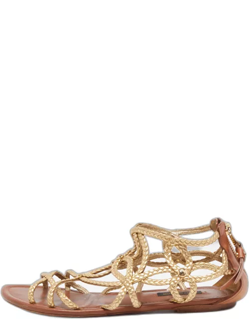 Louis Vuitton Gold Braided Leather Strappy Flat Sandal