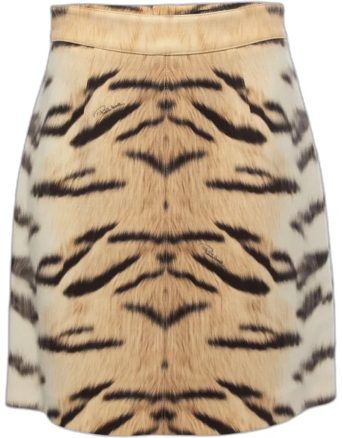 Roberto Cavalli Beige Animal Print Crepe Wool Mini Skirt