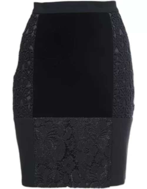 Moschino Cheap and Chic Black Velvet and Floral Lace Detail Knee Length Skirt