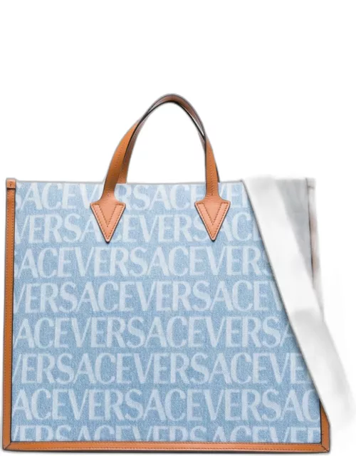 Versace Tote Bag With All-over Logo Print In Light Blue Canvas Man
