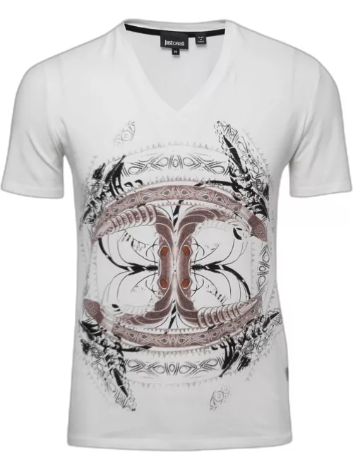 Just Cavalli White Graphic Logo Print Cotton V-Neck T-Shirt