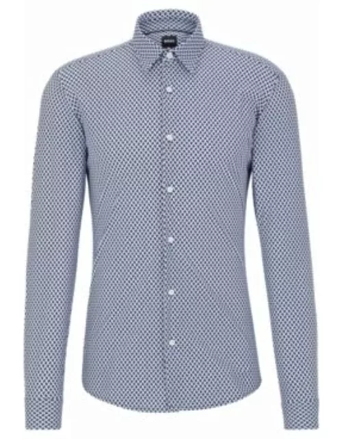 Slim-fit shirt in geometric-printed performance-stretch fabric- Blue Men's Casual Shirt
