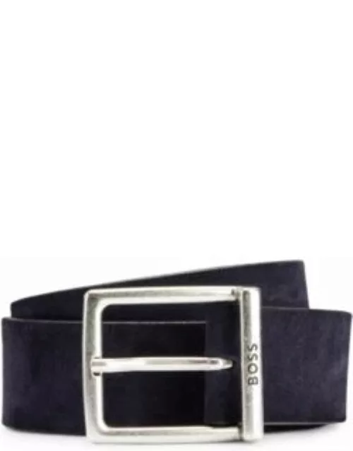 Suede belt with squared buckle and engraved logo- Dark Blue Men's Business Belt