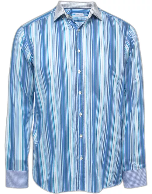 Etro Blue Striped Cotton Contrast Collar & Cuff Full Sleeve Shirt