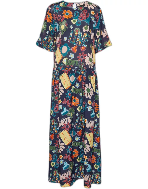 Love Moschino Navy Blue Floral Printed Silk Georgette Maxi Dress