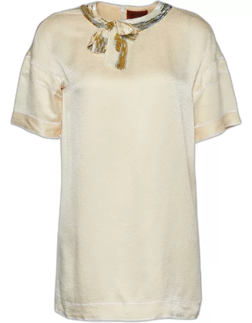 Missoni Cream Patterned Silk Sequin Bow Detail Top