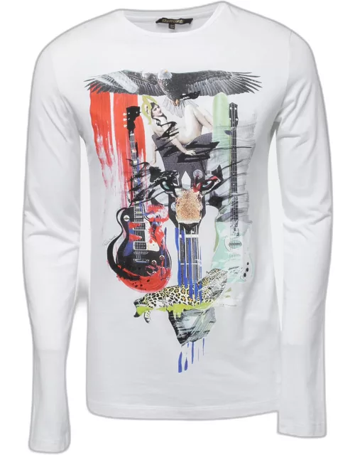 Roberto Cavalli White Printed Cotton Crew Neck Full Sleeve T-Shirt