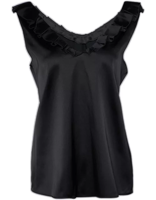 Moschino Cheap and Chic Black Sateen Pleated Neck Trim Tank Top