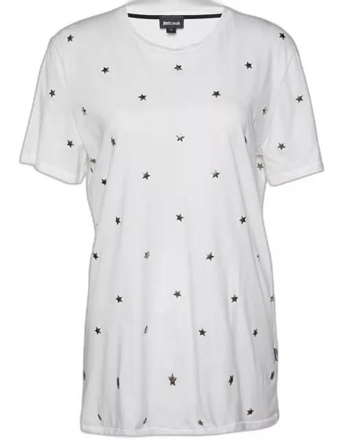 Just Cavalli White Cotton Knit Star Studded T-Shirt