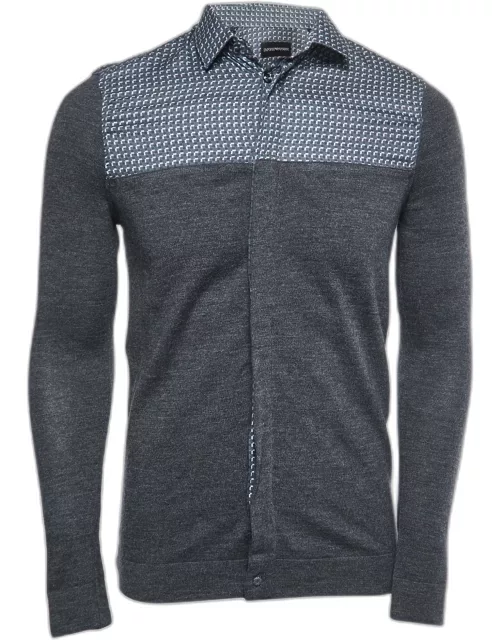 Emporio Armani Grey Patterned Cotton and Wool Knit Full Sleeve Shirt