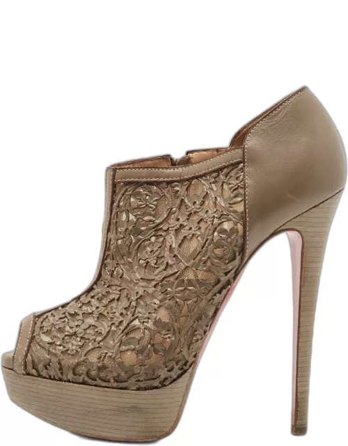 Christian Louboutin Brown Laser-Cut Leather Pampas 150 Peep Toe Ankle Boot