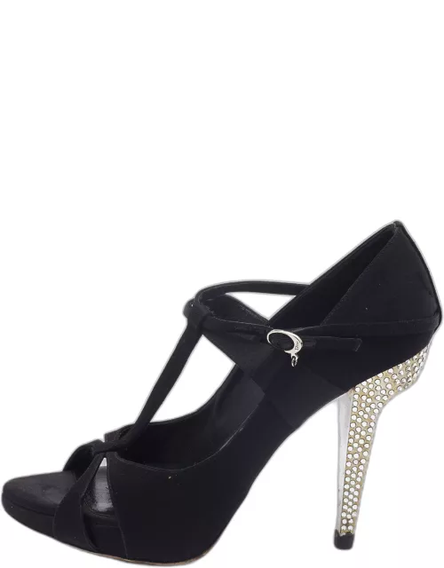 Dior Black Satin Ankle Strap Peep Toe Sandal