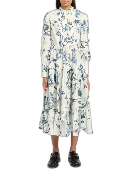 Floral-Print Long-Sleeve Tiered Shirtdress With Bib-Front