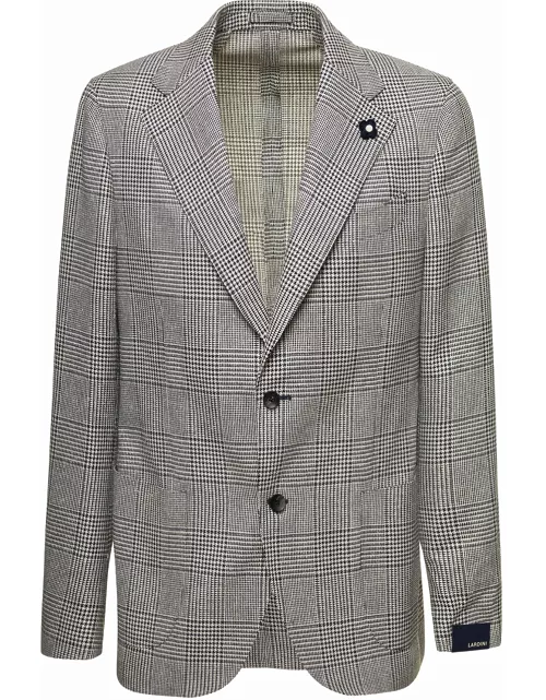 Lardini Grey Single-breasted Prince Of Wales Check Jacket With Iconic Pin In Wool And Silk Man
