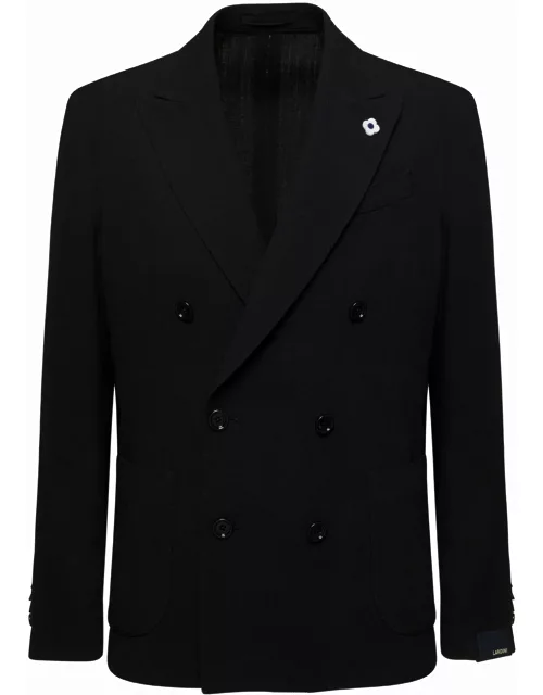 Lardini Black Double-breasted Jacket With Detachable Pin In Cotton And Wool Blend Man