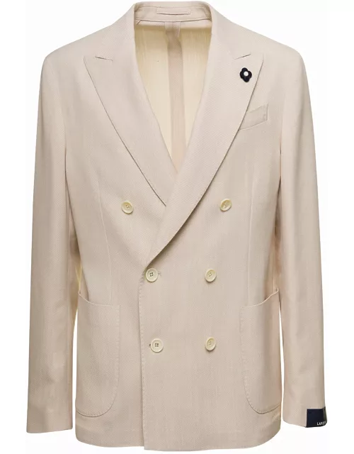Lardini Beige Double-breasted Jacket With Detachable Pin In Cotton And Wool Blend Man