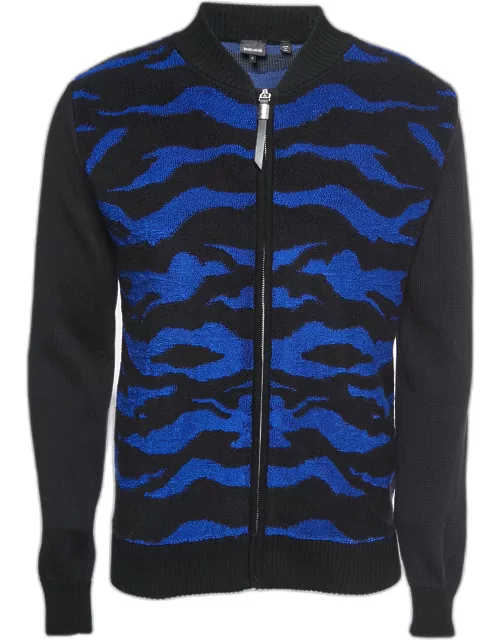 Just Cavalli Black/Blue Tiger Patterned Terry Zip-Up Jacket
