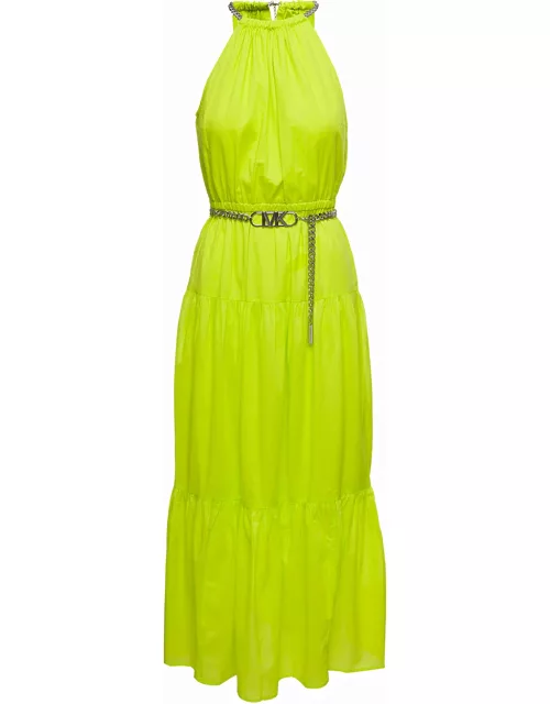 MICHAEL Michael Kors Neon Yellow Halter Neck Maxi Dress With Chain Belt With Logo In Cotton Woman