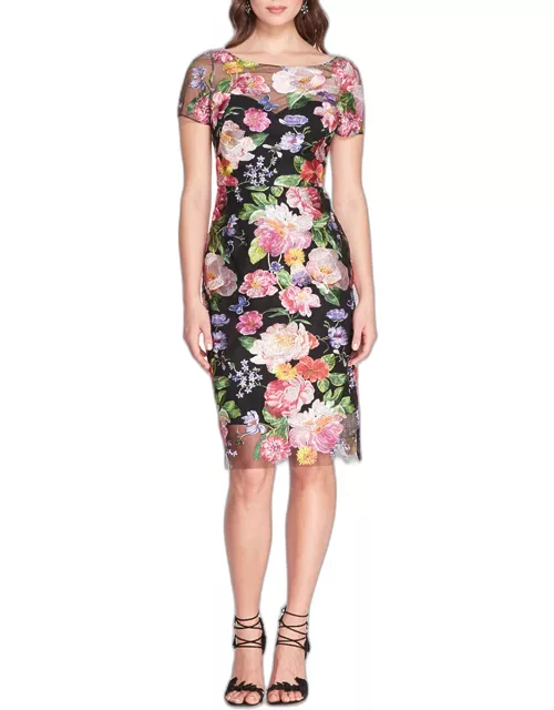 Marchesa Notte Floral Embroidered Pencil Dres
