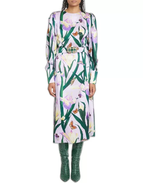 Garden-Print Puff-Sleeve Belted Silk Midi Dres