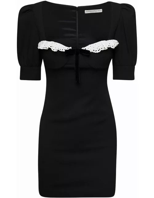 Alessandra Rich Black Mini Dress With Lace Detail On The Front In Wool Woman