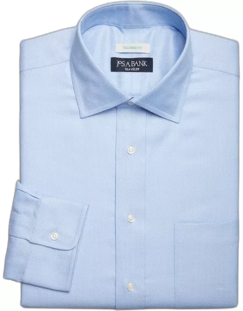 JoS. A. Bank Men's Traveler Collection Tailored Fit Spread Collar Honeycomb Texture Dress Shirt, Blue