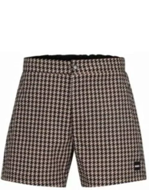 Quick-drying swim shorts with hounstooth pattern- Beige Men's Swim Short