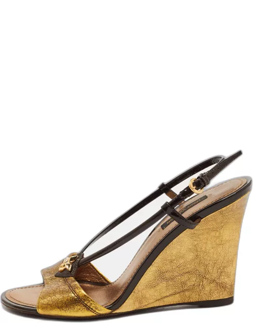 Louis Vuitton Metallic/Brown Leather and Patent Slingback Wedge Sandal