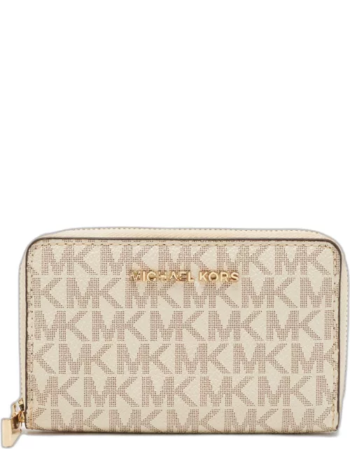 Michael Kors Off White/Grey Signature Coated Canvas Compact Zip Wallet