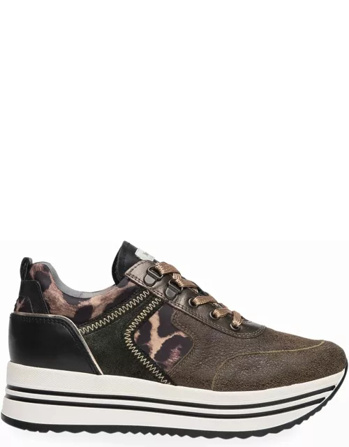Leopard-Print Mixed Leather Fashion Sneaker