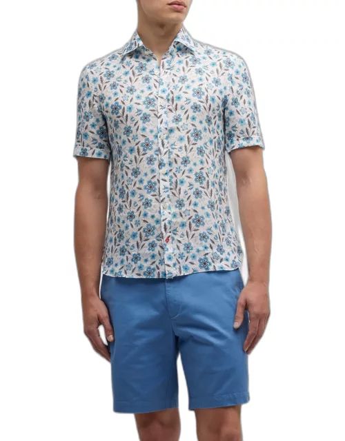 Men's Floral-Print Linen Short-Sleeve Shirt