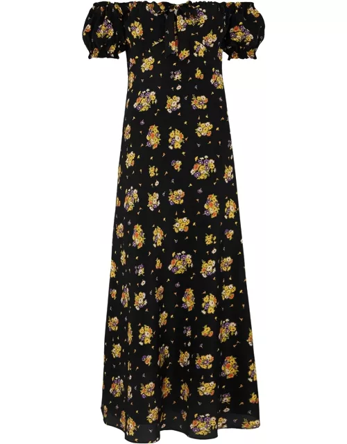 Alessandra Rich Floral-print Silk Crepe De Chine Midi Dress - Black