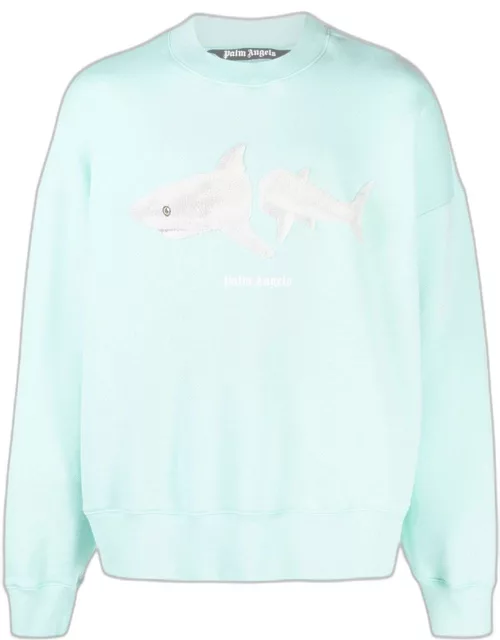Blue round-neck sweatshirt with shark print