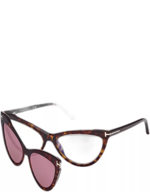 Blue Blocking Acetate & Plastic Cat-Eye Glasses with Clip-On Sun Lense