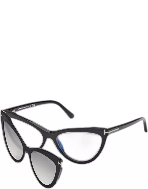 Blue Blocking Acetate & Plastic Cat-Eye Glasses with Clip-On Sun Lense