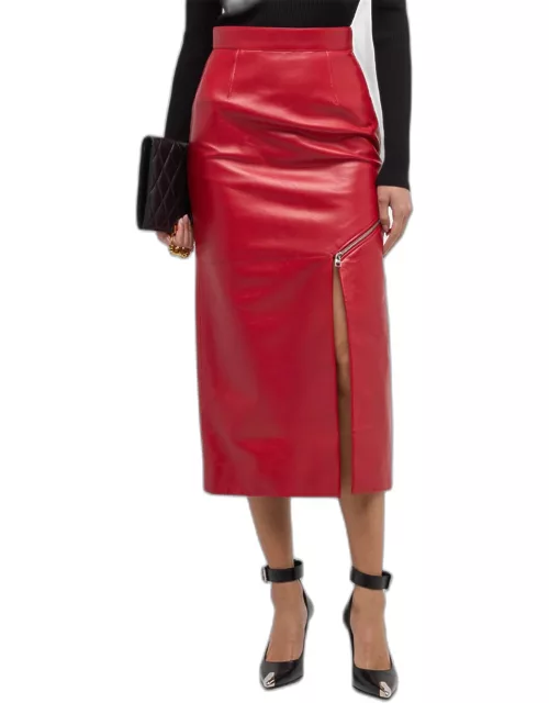 Slashed Zip Leather Midi Skirt