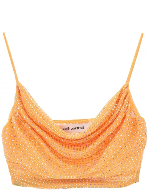 SELF PORTRAIT cropped top in mesh with rhinestones all-over