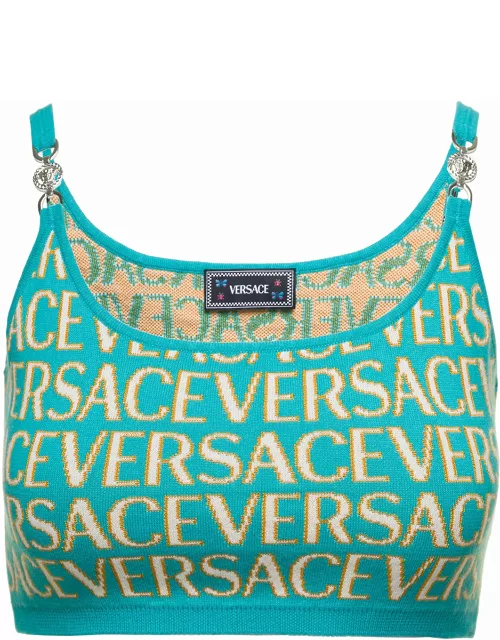 Versace Light Blue Crop Top With All-over Logo Lettering And Medusa Detail In Cotton Blend Woman