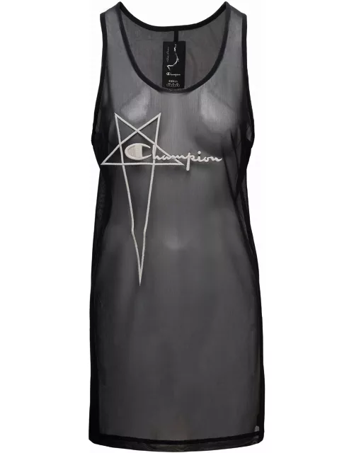 Rick Owens basketball Mini Black Dress With Pentagram Embroidery At The Front In Micromesh Woman