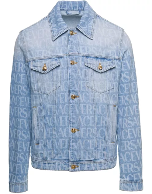 Versace Light Blue Jacket With All-over Logo Lettering Print In Cotton Denim Woman