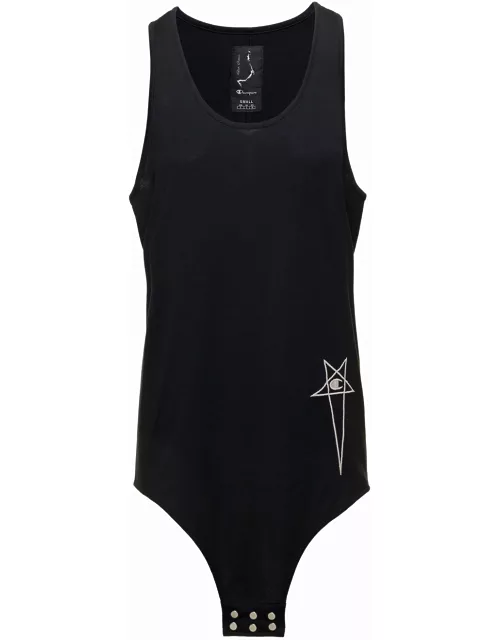 Rick Owens basketball Tank Long Black Tank Top With Pentagram Embroidery And A Six Snap Closure Hanging In Cotton Woman