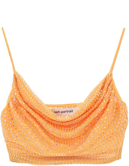 self-portrait Cropped Top In Mesh With Rhinestones All-over