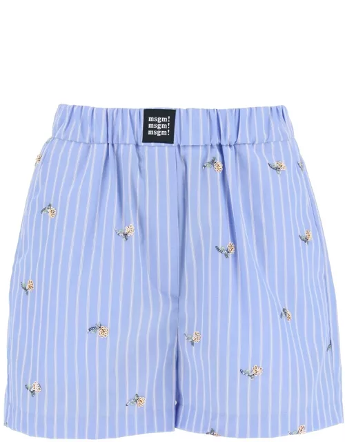 MSGM Striped Poplin Shorts With Sequin Flower