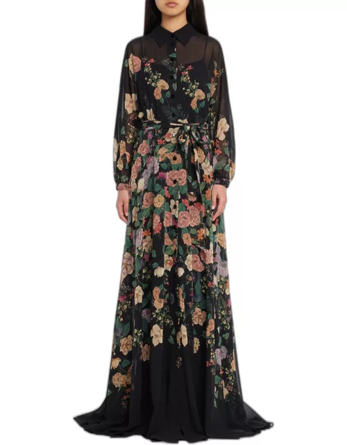 Belted Floral-Print Chiffon Shirt Gown
