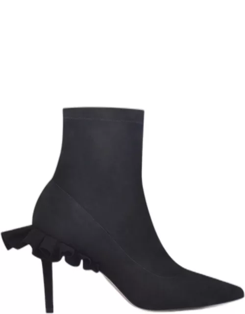 Stretch Suede Ruffle Stiletto Ankle Boot